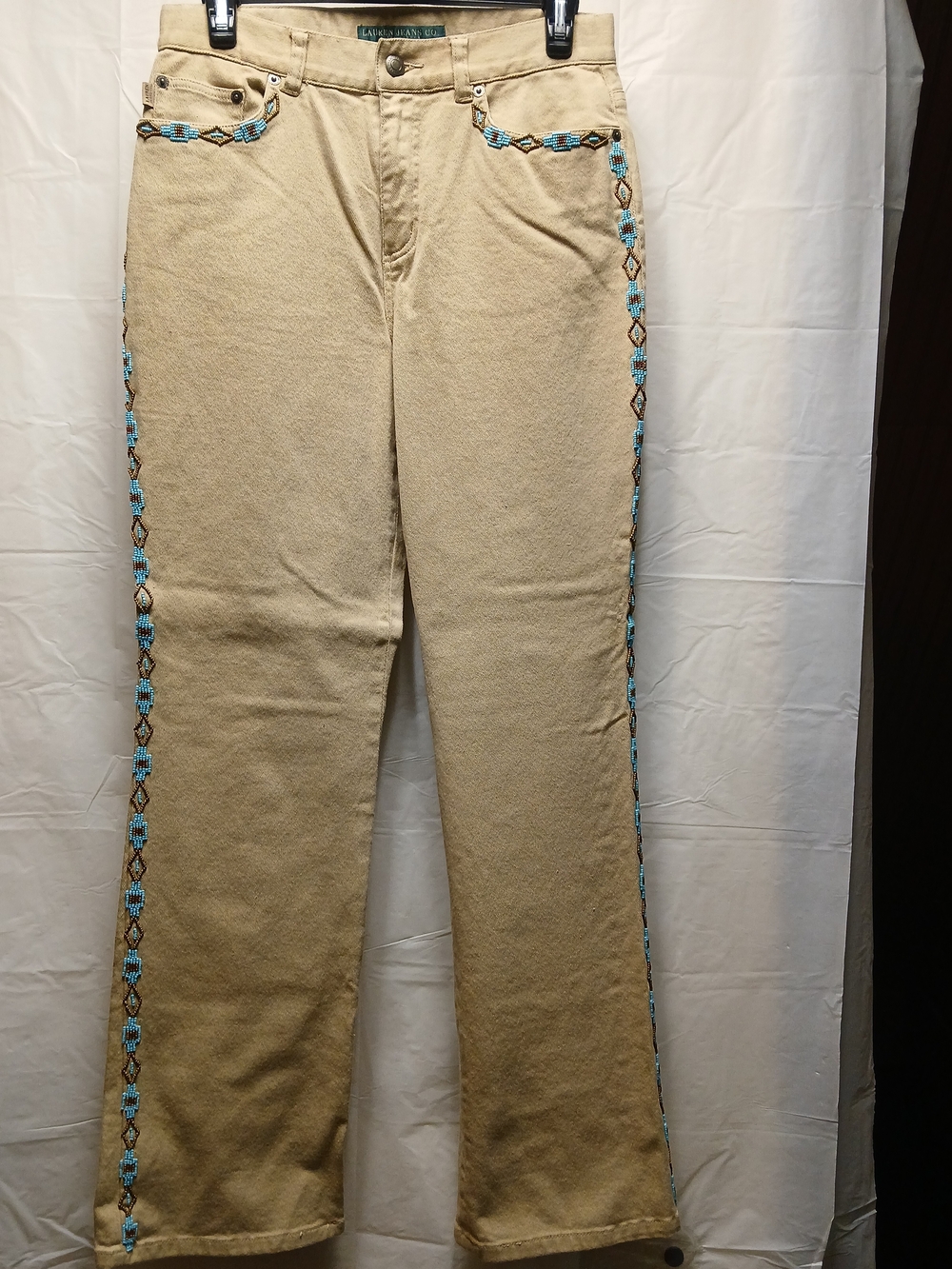 LAUREN JEANS CO by Ralph Lauren Women’s Beige Jeans with Turquoise Beaded Trim